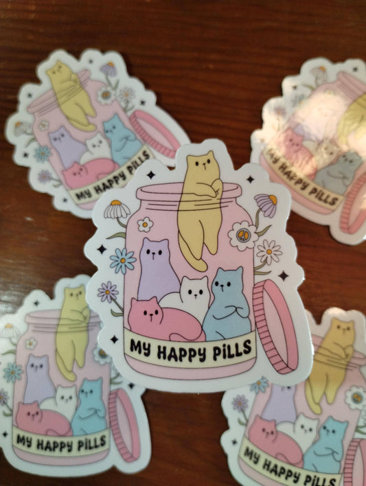 Cats Are My Happy Pills - Cute Cat Sticker Pack | Waterproof Vinyl Cat Stickers for Laptop, Water Bottle & Planner